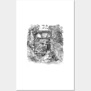 Thatched Cottage - Black & White Version of Original Painting Posters and Art